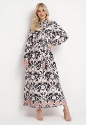 Beżowo-Czarna Sukienka o Pudełkowym Fasonie z Satyny w Ornamentalny Print Alerosa. Brązowe sukienki Born2be, l, bez wzorów, z materiału, bez kołnierzyka, bez ramiączek, maxi. W wyprzedaży za 127.49 zł.