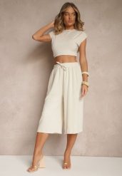 Beżowe Spodnie Kuloty z Bawełną High Waist Azetia. Brązowe jeansy Renee, na lato, l, bez wzorów, z bawełny, eleganckie, z podwyższonym stanem. W wyprzedaży za 39.99 zł.