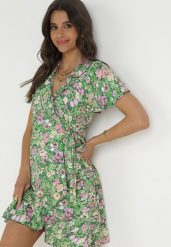 Zielona Kopertowa Sukienka Mini z Wiązaniem w Pasie z Wiskozy Huette. Zielone sukienki Born2be, m, bez wzorów, z materiału, bez kołnierzyka, bez ramiączek, mini, kopertowe. Za 89.99 zł.