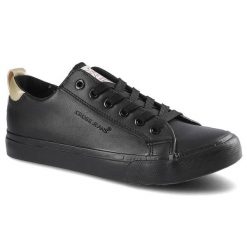 Trampki damskie Cross Jeans, sznurowany fason cholewka ze skóry ekologicznej niska cholewka przed kostkę gumowy nosek ochronny płaska elastyczna pode. Czarne trampki Cross Jeans, bez wzorów, z gumy, klasyczne, przed kostkę, bez zapięcia. Za 99.00 zł.