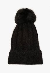 Czarna Czapka z Prążkowanego Materiału z Pomponem Vamieska. Czarne czapki zimowe Born2be, bez wzorów, prążkowane, eleganckie. Za 29.99 zł.