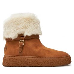 Botki Guess. Brązowe botki Guess, z aplikacjami, bez obcasa, na płaskiej podeszwie, bez zapięcia. Za 479.99 zł.