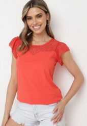 Czerwony Bawełniany T-shirt Bluzka z Przezroczystymi Rękawami i Dekoltem Lavinara. Czerwone bluzki Born2be, m, bez wzorów, z bawełny, bez kołnierzyka, bez ramiączek. Za 59.99 zł.