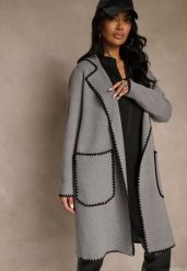 Szary Kardigan z Haftowaną Lamówką Tuscele. Szare swetry Renee, s, bez wzorów, z jeansu, eleganckie, bez ramiączek. Za 129.99 zł.