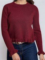 Sweter z ozdobnymi falbanami z domieszką wełny - różowy. Czerwone swetry Sinsay, l, bez wzorów, z wełny, bez ramiączek. Za 59.99 zł.