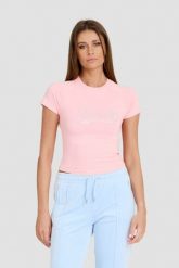 JUICY COUTURE Różowy t-shirt Retroshrunken Tee. Czerwone t-shirty Juicy Couture, s, bez wzorów, bez kołnierzyka, bez ramiączek. W wyprzedaży za 128.99 zł.