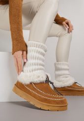 Brązowe Śniegowce na Grubej Podeszwie z Futerkiem i Przeszciami Linafra. Brązowe śniegowce Born2be, bez wzorów, z jeansu, bez zapięcia. Za 99.99 zł.