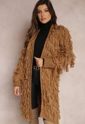 Brązowy Niezapinany Kardigan w Ozdobne Frędzle Massawa. Brązowe swetry Renee, bez wzorów, eleganckie, bez ramiączek. W wyprzedaży za 159.99 zł.