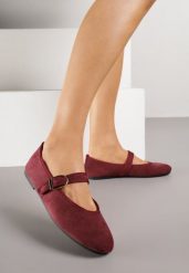 Bordowe Balerinki Mary Jane z Klamrą Zaurg. Czerwone baleriny Renee, bez wzorów, z jeansu, eleganckie, bez obcasa, bez zapięcia. Za 59.99 zł.