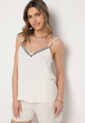 Beżowy Top z Lnu i Wiskozy na Ramiączkach Zdobiony Haftem Zilirae. Brązowe topy Born2be, m, z aplikacjami, z jeansu, eleganckie, bez kołnierzyka, bez ramiączek. W wyprzedaży za 55.24 zł.