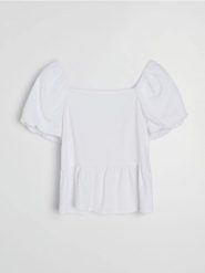 Koszulowa bluzka z wiskozą i domieszką lnu - biały. Białe bluzki Sinsay, l, bez wzorów, z wiskozy, bez kołnierzyka, bez ramiączek. Za 39.99 zł.