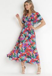 Różowo-Niebieska Rozkloszowana Sukienka Maxi w Kwiatowy Print Ilviza. Czerwone sukienki Born2be, s, bez wzorów, bez kołnierzyka, bez ramiączek, maxi, rozkloszowane. W wyprzedaży za 127.49 zł.