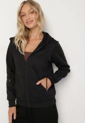 Czarna Rozpinana Bluza z Kapturem Bawełną i Sznurkami Viltara. Czarne bluzy Born2be, l, bez wzorów, z bawełny, bez ramiączek, z kapturem. Za 49.99 zł.