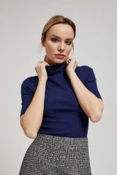Prążkowana bluzka z golfem granatowa. Bluzki MOODO, xs, bez wzorów, z bawełny, bez kołnierzyka, bez ramiączek. W wyprzedaży za 29.99 zł.