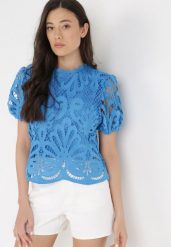 Niebieska Bluzka z Koronki Perrates. Niebieskie bluzki Born2be, s, z aplikacjami, z koronki, eleganckie, bez kołnierzyka, bez ramiączek. Za 139.99 zł.