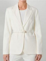 Żakiet jednorzędowy z paskiem - biały. Białe marynarki i żakiety Sinsay, l, bez wzorów, bez ramiączek. Za 79.99 zł.