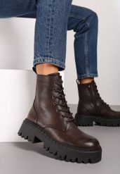 Brązowe Sznurowane Botki na Platformie w Stylu Workerów Sairene. Brązowe botki Renee, bez wzorów, z jeansu, eleganckie, bez obcasa, na platformie, bez zapięcia. Za 159.99 zł.