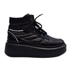 Zazoo 3392/X Damskie Skórzane Buty Sportowe Na Platformie Czarne. Czarne buty treningowe na wiosnę, bez wzorów, ze skóry, za kostkę, bez zapięcia. Za 659.61 zł.
