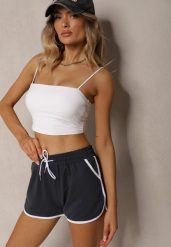 Granatowe Szorty Dresowe z Dodatkiem Bawełny High Waist Wykończone Lamówką Mivorina. Niebieskie szorty Renee, bez wzorów, z bawełny, eleganckie. W wyprzedaży za 23.99 zł.