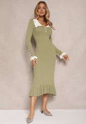 Zielona Sukienka Retro z Dzianiny z Wiskozą Zdobiona Kołnierzykiem Zihanne. Zielone sukienki Renee, m, z aplikacjami, z dzianiny, retro, bez kołnierzyka, bez ramiączek, maxi. W wyprzedaży za 119.99 zł.
