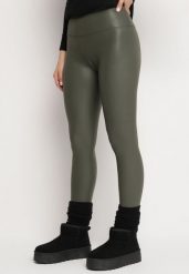Ciemnozielone Legginsy z Ekoskóry z Wysokim Stanem i Polarem Labira. Zielone legginsy Born2be, z aplikacjami, z jeansu, eleganckie. Za 34.99 zł.
