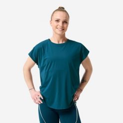 Koszulka fitness damska Domyos krótki rękaw. Niebieskie t-shirty sportowe DOMYOS, l, bez wzorów, z materiału, bez ramiączek, na fitness i siłownię. Za 59.99 zł.