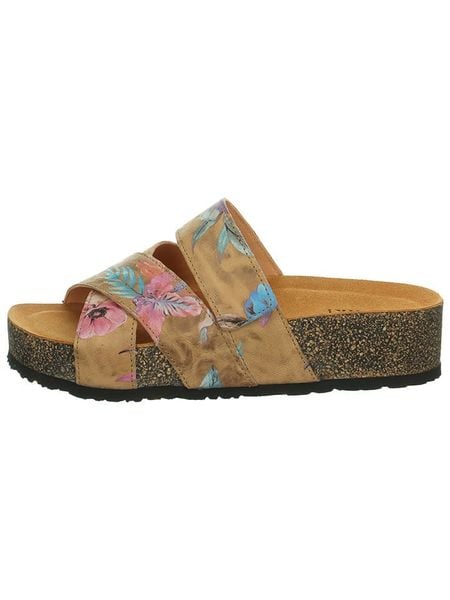 Think! Skórzane klapki "Papu" w kolorze jasnobrązowym ze wzorem rozmiar: 41. Brązowe klapki Think!, bez wzorów, klasyczne, z otwartym noskiem, bez obcasa, na platformie, bez zapięcia. Za 176.91 zł.