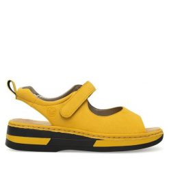 Sandały Rieker. Żółte sandały Rieker, bez wzorów, bez obcasa, na płaskiej podeszwie, bez zapięcia. Za 299.99 zł.