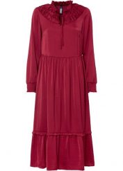 Długa sukienka z falbaną. Brązowe sukienki bonprix, bez wzorów, z satyny, klasyczne, bez kołnierzyka, bez ramiączek, maxi. Za 169.99 zł.