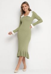 Zielona Dzianinowa Sukienka Retro z Wiskozą z Kołnierzykiem i Falbanami Hanlira. Zielone sukienki Born2be, m, bez wzorów, z dzianiny, klasyczne, bez kołnierzyka, bez ramiączek, maxi. W wyprzedaży za 111.99 zł.
