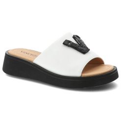 Klapki damskie Vinceza, cholewka ze skóry naturalnej wsuwany fason szeroki pasek, białe, 66950. Białe klapki VINCEZA, z aplikacjami, ze skóry, eleganckie, bez obcasa, na koturnie, bez zapięcia. Za 169.00 zł.