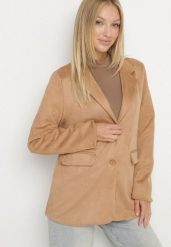 Beżowa Marynarka Oversize z Imitacji Zamszu o Pudełkowym Kroju Alonella. Brązowe marynarki i żakiety Born2be, m, bez wzorów, z jeansu, biznesowe, bez ramiączek. Za 159.99 zł.