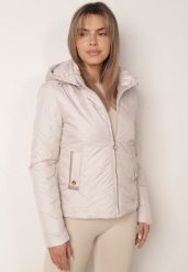 Jasnoszara Pikowana Kurtka Przejściowa z Kapturem i Geometrycznym Pikowaniem Dinia. Szare kurtki Born2be, l, bez wzorów, z jeansu, eleganckie, z kapturem. Za 149.99 zł.