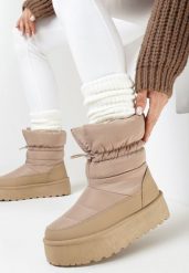 Ciemnobeżowe Śniegowce na Platformie ze Ściągaczem Liannama. Brązowe śniegowce Born2be, bez wzorów, bez zapięcia. Za 64.99 zł.