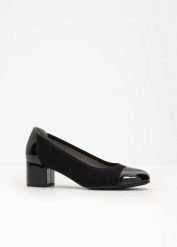 Czółenka na obcasie słupku. Czarne czółenka bonprix, bez wzorów, eleganckie, bez obcasa, na obcasie, bez zapięcia. Za 124.99 zł.