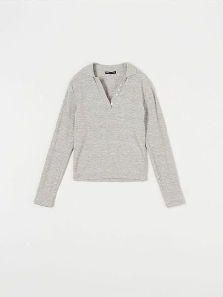 Bluzka z długimi rękawami - szary. Szare bluzki Sinsay, l, bez wzorów, prążkowane, bez kołnierzyka, bez ramiączek. Za 35.99 zł.