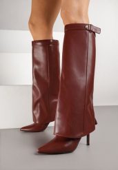 Bordowe Kozaki na Obcasie Typu Szpilka z Wywiniętą Cholewką Lavemesse. Czerwone kozaki Renee, bez wzorów, eleganckie, bez obcasa, na obcasie, bez zapięcia. Za 199.99 zł.