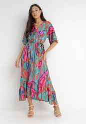 Zielono-Różowa Sukienka Cesetros. Zielone sukienki Born2be, l, bez wzorów, bez kołnierzyka, bez ramiączek, midi, kopertowe. Za 229.99 zł.