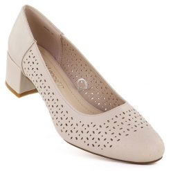 Czółenka damskie ażurowe na klocku beżowe Sergio Leone PB293. Brązowe czółenka Sergio Leone, w ażurowe wzory, ze skóry ekologicznej, bez obcasa, bez zapięcia. Za 129.99 zł.