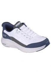 Buty sportowe Sneakersy damskie, Slip-ins: Contour Foam - Cozy Fit. Białe buty treningowe Skechers, bez wzorów, z materiału, przed kostkę, bez zapięcia, trekkingowe. Za 399.99 zł.