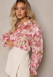 Różowo-Beżowa Koszula z Wiązaniem i Guzikami Ozdobiona Kwiatowym Motywem Fioralba. Czerwone koszule Renee, l, bez wzorów, eleganckie, bez kołnierzyka, bez ramiączek. W wyprzedaży za 107.99 zł.