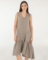 Lniana sukienka z falbaną. Brązowe sukienki Unisono, na imprezę, l, bez wzorów, z tkaniny, bez kołnierzyka, bez ramiączek, rozkloszowane. Za 269.00 zł.