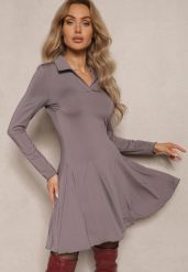 Szara Sukienka z Wiskozą o Rozkloszowanym Kroju z Kołnierzykiem Ettoria. Szare sukienki Renee, l, bez wzorów, z wiskozy, eleganckie, bez kołnierzyka, bez ramiączek, mini, rozkloszowane. W wyprzedaży za 91.99 zł.