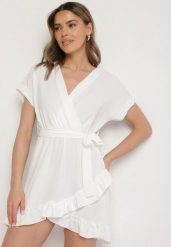 Biała Rozkloszowana Sukienka Ozdobiona Falbanami i Paskiem Zivene. Białe sukienki Born2be, na imprezę, l, bez wzorów, eleganckie, bez kołnierzyka, bez ramiączek, mini, rozkloszowane. W wyprzedaży za 55.24 zł.