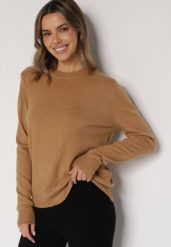 Brązowy Casualowy Sweter z Wełną i Bawełną Nedalla. Brązowe swetry Born2be, bez wzorów, z bawełny, biznesowe, bez ramiączek. Za 44.99 zł.