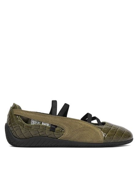 Puma Baleriny Speedcat Ballet 407680 Khaki. Brązowe baleriny Puma, bez wzorów, z lakierowanej skóry, bez obcasa, bez zapięcia. Za 399.99 zł.