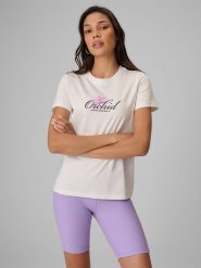 4F T-shirt regular z nadrukiem damski - biały M. Białe t-shirty 4f, m, bez wzorów, z bawełny, wakacyjne, bez kołnierzyka, bez ramiączek. Za 69.99 zł.
