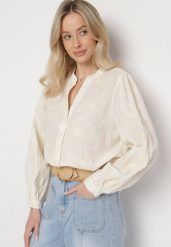 Beżowa Bawełniana Koszula Zdobiona Haftem w Kwiatowy Wzór z Cekinami Gonirith. Brązowe koszule Born2be, l, z aplikacjami, z bawełny, eleganckie, bez kołnierzyka, bez ramiączek. Za 129.99 zł.