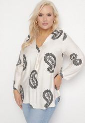 Biała Bluzka z Wiskozą w Geometryczny Wzór Mitoria. Białe bluzki Born2be, xl, bez wzorów, z jeansu, eleganckie, bez kołnierzyka, bez ramiączek. Za 89.99 zł.