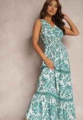 Zielona Sukienka a Kwiatowa Sukienka Zdobiona Wiązaniem z Tyłu i Gumką w Pasie Rivattia. Zielone sukienki Renee, na spotkanie biznesowe, m, z aplikacjami, z bawełny, eleganckie, bez kołnierzyka, bez ramiączek, maxi. W wyprzedaży za 83.99 zł.
